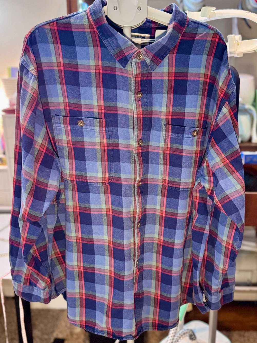 Duluth Trading Co Blue, Light Blue and Red Plaid Button-Down Shirt